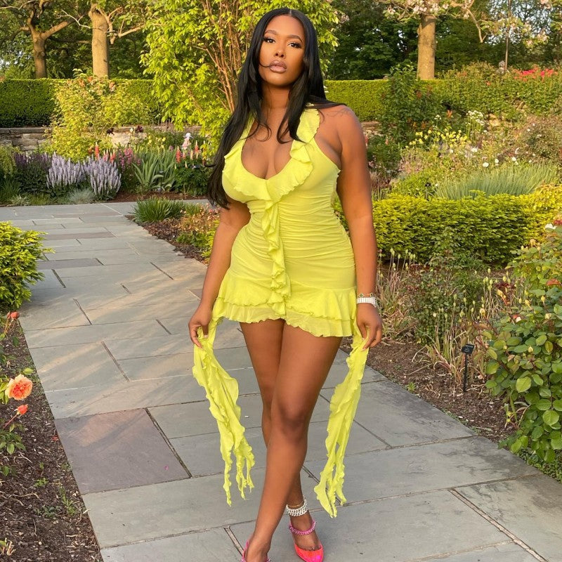 Summer Solid Color Sleeveless Low Collar Wooden Ear Irregular Asymmetric Hip Wrapped Short Dress Bella Mia